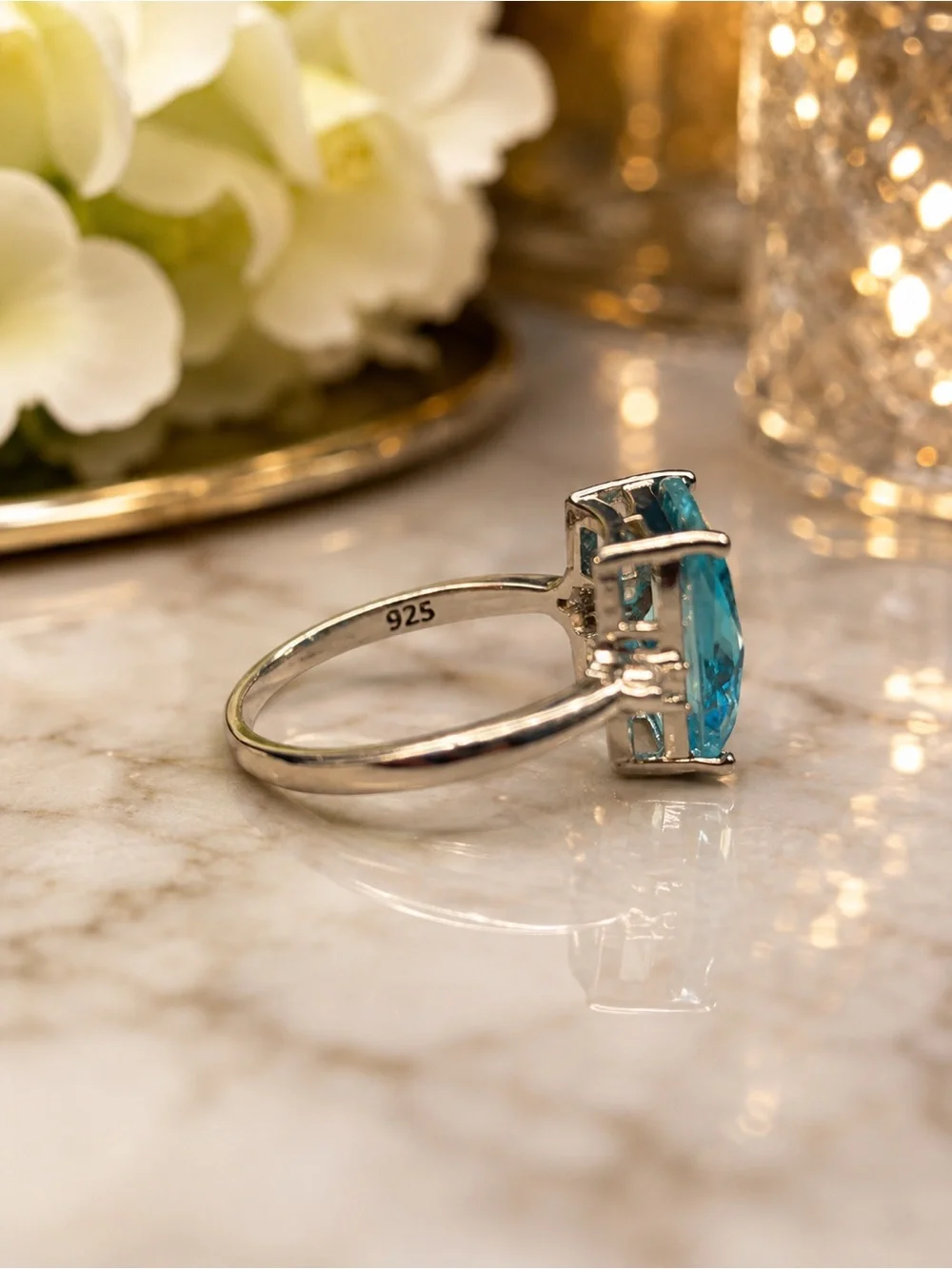 Emerald Cut Aqua Blue Statement Ring – Clear Accent Stones – 925 Sterling